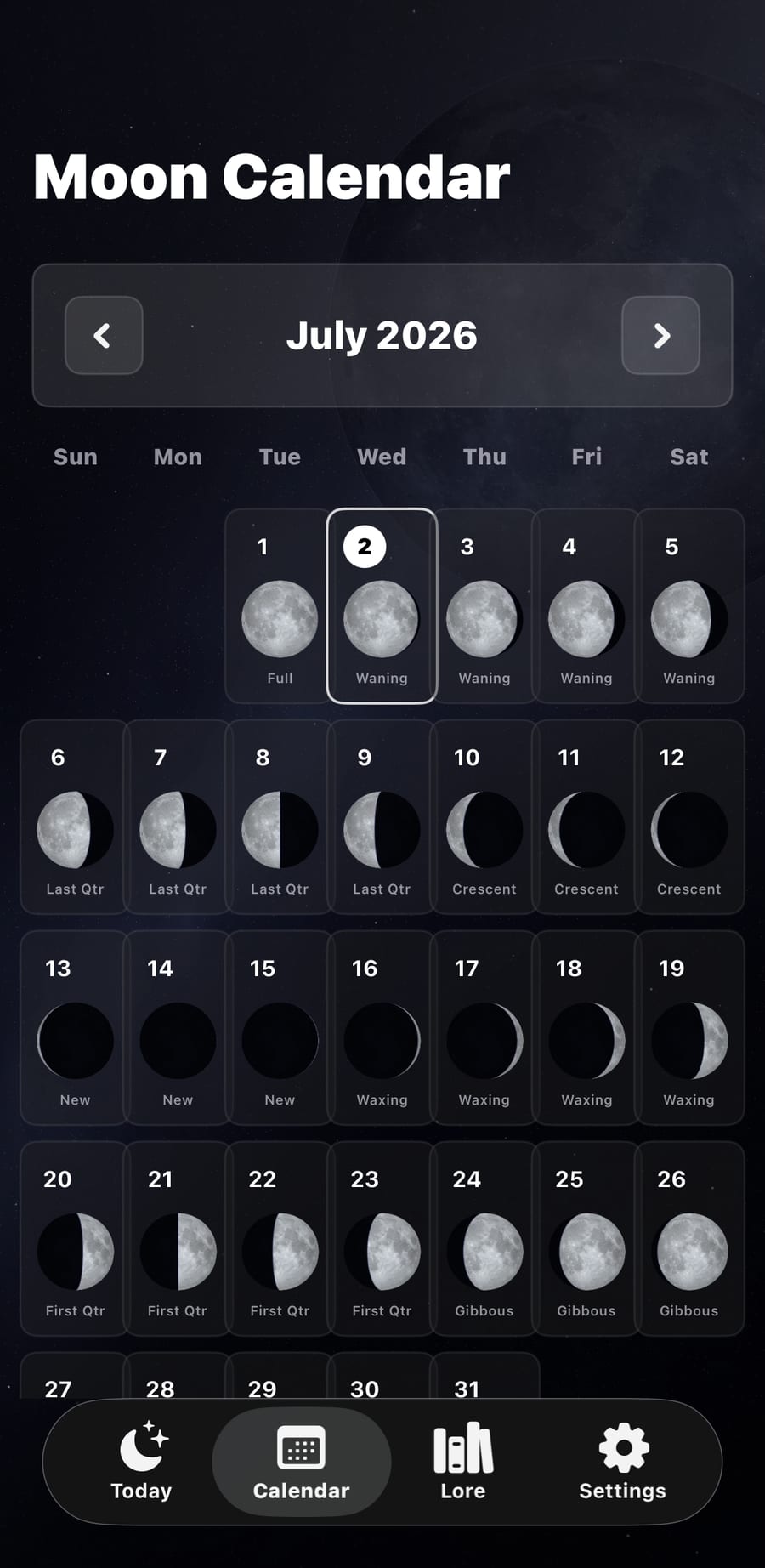 Lunar Lore calendar screen