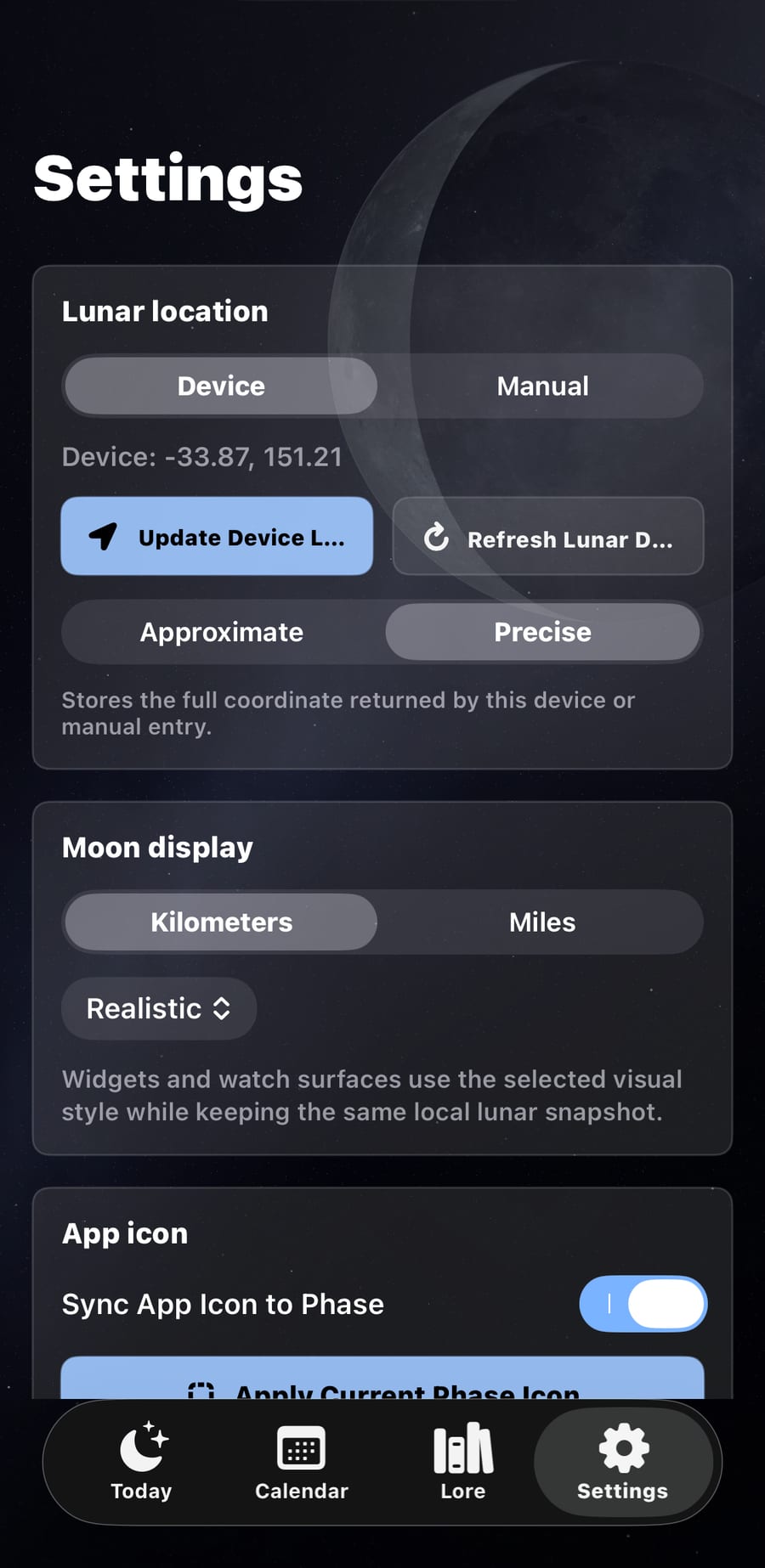 Lunar Lore settings screen