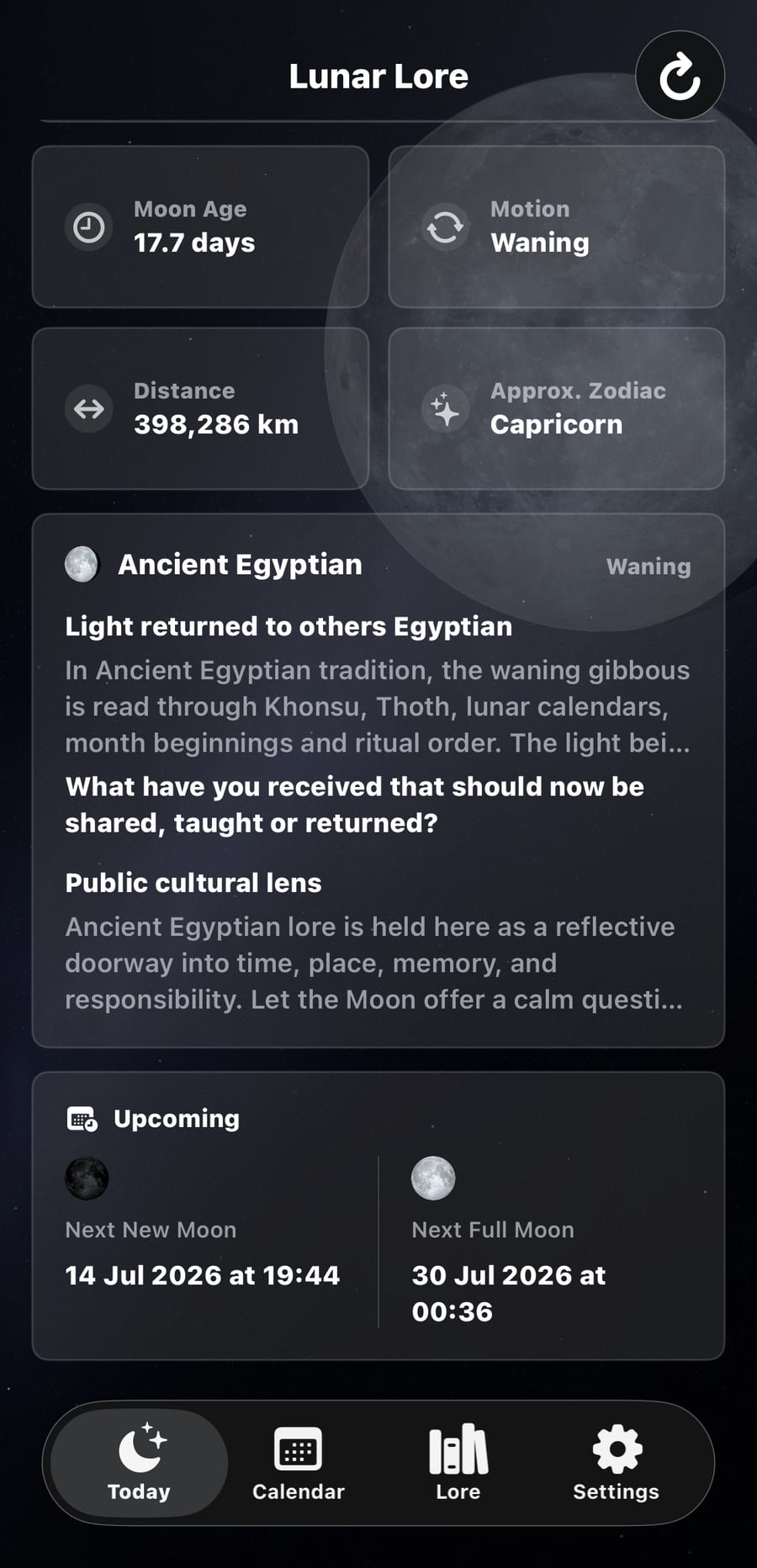 Lunar Lore alternate today screen