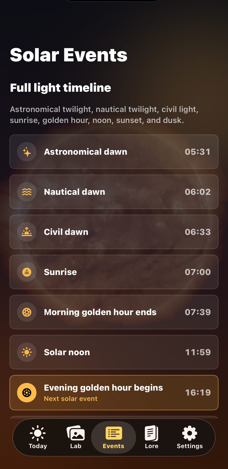 Solar Lore events screen