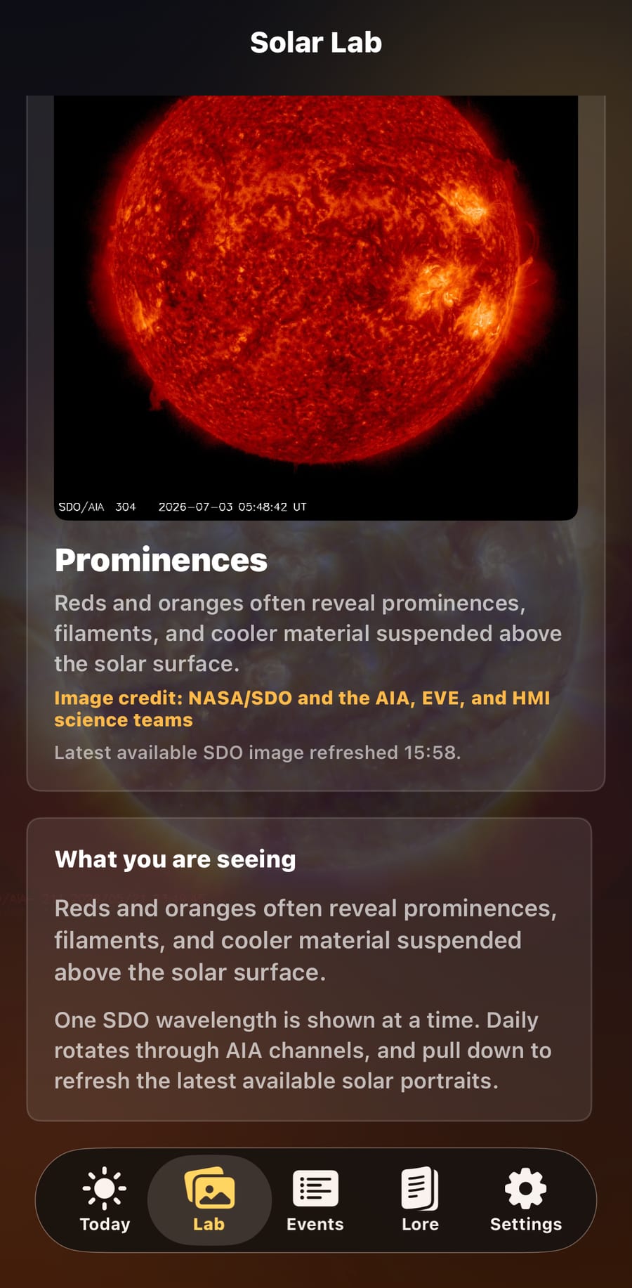 Solar Lore lab screen