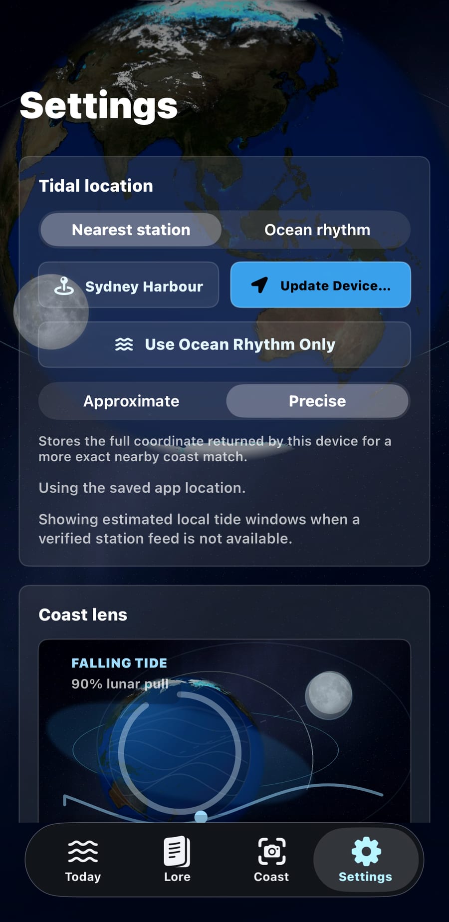 Tidal Lore settings screen